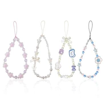 Imagem de 4 berloques com contas, 4 estilos de pulseira móvel fofa pulseira de cristal estética chaveiro urso flor laço corrente cordão de pulso para mulheres acessório de telefone