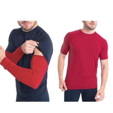 Imagem de Kit Camiseta Curta Masculina e Manguito Esportiva Proteção UV50+ Academia Fitness Trygg (GG-G, Vermelho)