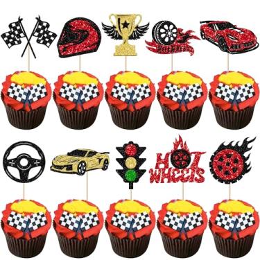 Imagem de Pacote com 30 topos de cupcake de carro de corrida glitter semáforo bandeira quadriculada capacete roda de troféu palhetas decoração de cupcake para tema de corrida festa de aniversário decoração de