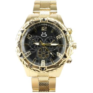 Imagem de Relógio Masculino Analógico Dourado Aço Inoxidável + Corrente Grumet 60cm Cruz + Pulseira Luxo