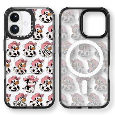Imagem de Rosarnnah Capa magnética para iPhone 16 Magsafe fofa - Capa de telefone durável à prova de choque de 2 m - Design preto engraçado de vaca leiteira pato para iPhone 16 de 6,1 polegadas