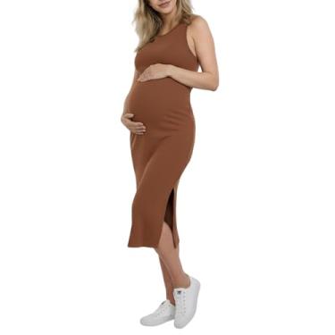 Imagem de Motherhood Maternity Vestido feminino colado ao corpo midi de malha canelada costas nadador sem mangas, Mousse Mocha, P