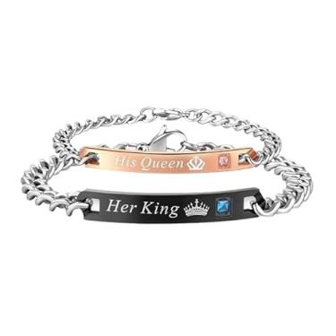 Imagem de Pulseira de casal para homens e mulheres, coroa coração zircão pulseira gravada, pulseira de corrente combinando para ele e ela, joia personalizada hip hop, presente de dia dos namorados, Medium