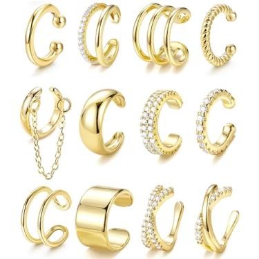 Imagem de LOLIAS 12 peças de brincos de orelha não perfurados - brincos de orelha banhados a ouro 14K para mulheres, brincos ajustáveis para orelhas não perfuradas, clipe em cartilagem, conjunto de brincos