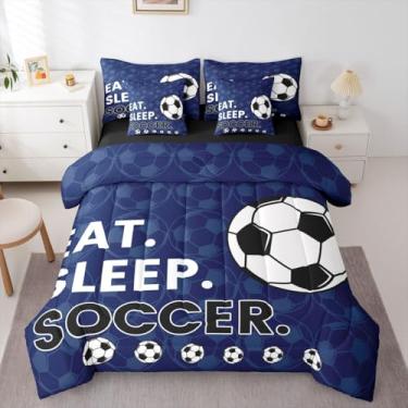 Imagem de Erosebridal Conjunto de edredom para jogos de futebol azul marinho, tamanho Queen, 7 peças | Jogo de cama em uma bolsa de jogos de bola para meninos e crianças e homens