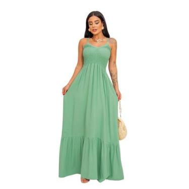 Imagem de Vestido Longo Feminino Decote V Lástex Verão - Boutique Gamora, Verde 