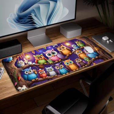 Imagem de Tapete de mesa de couro com coruja, mouse pad de arte colorida grande teclado de computador para jogos mousepad à prova d'água protetor e capa de mesa, tapete decorativo de couro PU para laptop