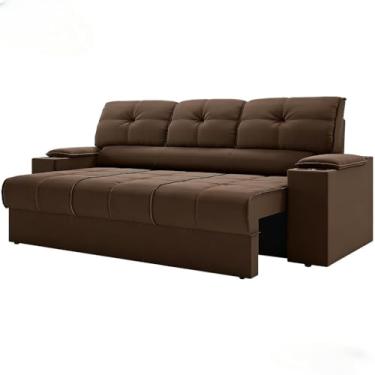 Imagem de Sofá Reclinável 2,05m com Porta-Copos Retrátil - Tecido Velosuede, Tom Claro, Ideal para Sala de Estar e Espaços de Conforto Doméstico (Marrom)