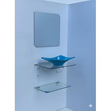 Imagem de Kit Cuba Espelho e Prateleira de Vidro para Banheiro 53cm (Azul)