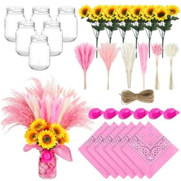 Imagem de Wonderjune 135 peças de centro de mesa caubói ocidental decoração de festa com bandanas mini chapéu de caubói vasos artificiais girassóis pampas para decoração de festa de casamento de aniversário