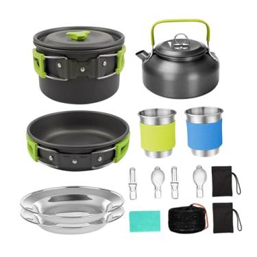 Imagem de KiBcsLic Kit de utensílios de cozinha para camping: copos, pratos, garfos, conjunto portátil para cozinhar em camping, incluindo panela, frigideira e chaleira, Verde