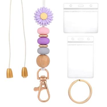 Imagem de Molain Conjunto de cordão de contas fofas para professores, cordão separatista com carretel retrátil para crachá e 2 porta-cartões de identificação, cordões Daisy Break Away presentes para mulheres