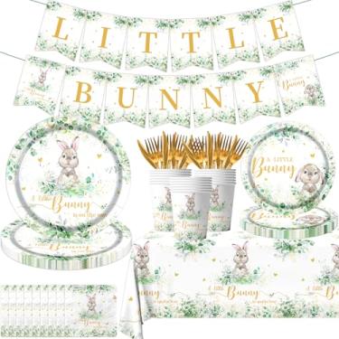 Imagem de Pymurod Decorações Para Chá De Bebê Com Coelhinho Da Páscoa Um Está A Caminho Pratos Papel Descartáveis Guardanapos Copos Toalha Mesa E Faixa Coelho Verde Sálvia Talheres Na Primavera, Serve 20