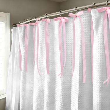 Imagem de JarThenaAMCS Cortinas de chuveiro waffle com 12 laços e ganchos rosa branco grosso tecido pesado forro de chuveiro impermeável para casa, hotel, banheiro, chuveiros, banheiras, suprimentos de