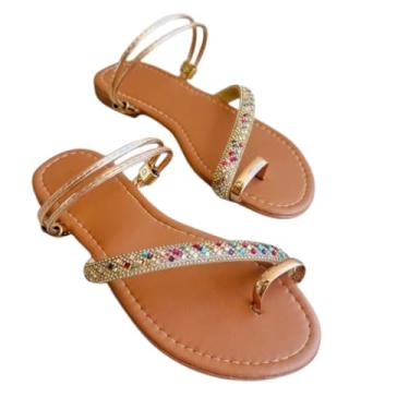 Imagem de Sandália Rasteira Feminina Dourada com Pedrarias Coloridas, Tira Toe Ring, Salto Baixo, Estilo Flat (Caramelo, BR, Adulto, Numérico, 39)
