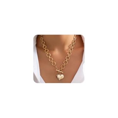 Imagem de GIGB PBDK Colar gargantilha de coração grosso dourado para mulheres, moderno, ajustável, pingente de amor, minimalista, gargantilha com botão de coração, joias para dia dos namorados, Large, Metal