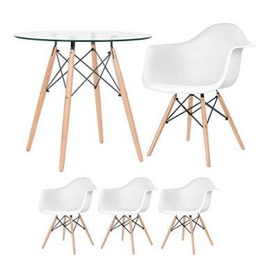 Imagem de Loft7, Kit Mesa Redonda de Vidro Eames 80 cm + 3 Cadeiras Eames Eiffel DAW, Polipropileno, Aço e Madeira, Escritório, Sala de Estar e Sala de Jantar - Branco