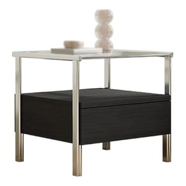 Imagem de Mesa de cabeceira grande de vidro espacial com moldura de aço inoxidável estilo francês com gavetas de madeira e prateleira de armazenamento aberta móveis de cabeceira