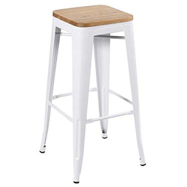 Imagem de Loft7, Banqueta alta Iron Tolix com assento de madeira rústica clara - Branco