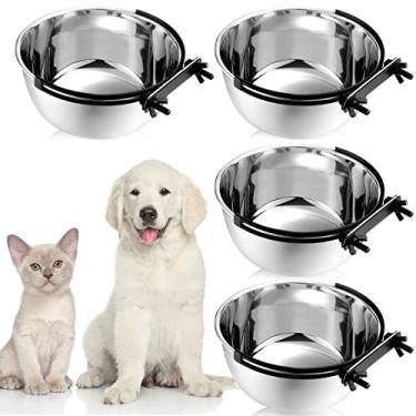 Imagem de 4 tigelas penduradas para animais de estimação, tigela de água para canil, com suporte de braçadeira, tigelas de água de aço inoxidável de 590 ml, para cães pequenos, médios e pequenos, filhotes e