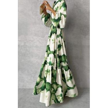 Imagem de Vestido Longo Verde Com Estampa Floral, Decote Em V E Amarração, Model