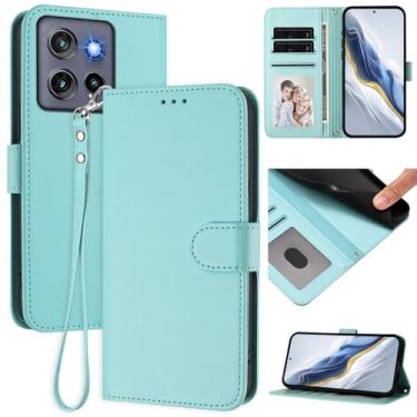 Imagem de Capa carteira compatível com Motorola Edge 50 Neo 5G, capa fina de couro com compartimentos para cartões, alça de pulso e suporte, capa protetora à prova de choque para homens e mulheres (menta)