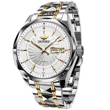 Imagem de Relógio masculino suíço automático auto-vento mecânico doze cavaleiros luxuoso impermeável prata dois tons relógios de pulso masculino, Relógio de luxo: dourado e branco