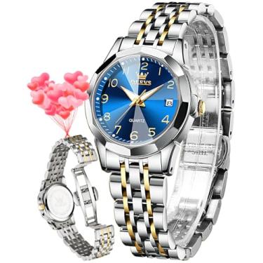 Imagem de OLEVS Relógio feminino de negócios pequeno aço inoxidável relógio de pulso analógico quartzo data à prova d'água, L9970: Pulseira de dois tons e mostrador azul