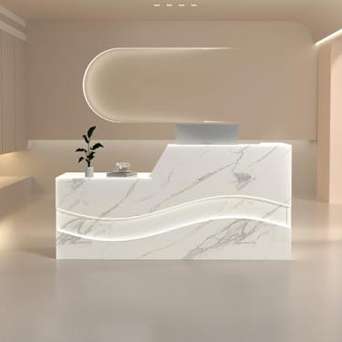 Imagem de Mesa de recepção preta com gaveta trancável e bandeja de teclado - Mesa de balcão frontal moderna para escritório, salão de beleza, lobby - Design elegante de 140 cm x 59,9 cm x 99,8 cm