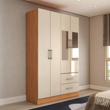 Imagem de Guarda-Roupa Solteiro Paraná 4 Portas 2 Gavetas com Espelho Cinamomo/Off White - Panorama Móveis