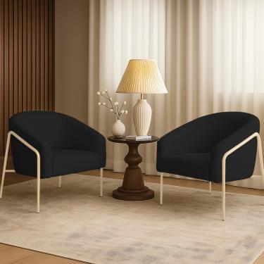 Imagem de Poltrona Sala Industrial Alta Champanhe Kit 2 Stella Linho Preto D03 - D'Rossi