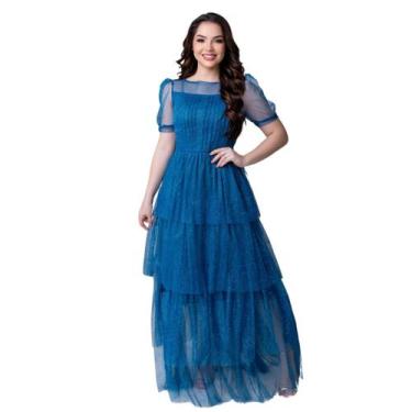 Imagem de Vestido Longo De Tule Com Brilho Feminino Manga Curta Elegante Para Fe