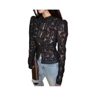 Imagem de Blusa Feminina Branca De Manga Longa Com Renda, Chique, Vazada Com Flo