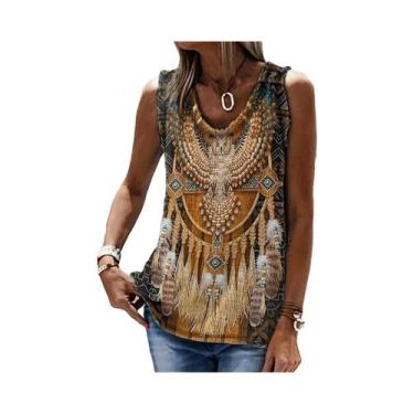 Imagem de Camiseta Feminina Retrô Estampada Casual Sem Mangas, Estilo Solto Étni