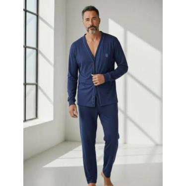 Imagem de Pijama Masculino Aberto com Botão Manga Longa e Calça Comprida Inverno