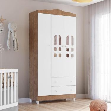 Imagem de Guarda Roupa Infantil Eloa 3 Portas de Bater 2 Gavetas MDF com 4 Prateleiras e Pés PVC Branco e Bétula