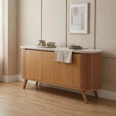 Imagem de Buffet Aparador 3 Portas Ripado com Vidro e Pés Madeira Maciça 164cm L