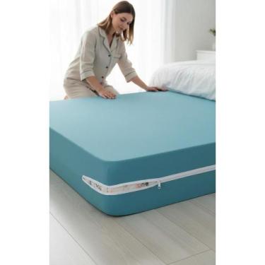 Imagem de Capa Colchão Casal Algodão Azul Zíper 138x188x30cm Protetor - Congratu