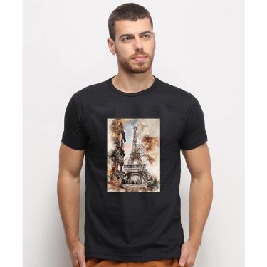Imagem de Camiseta masculina Preta algodao Torre Eiffel Watercolor Monumento