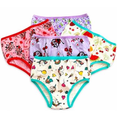 Imagem de Kit 5 Calcinhas Infantis 2 Anos Malha 100 Algodão Cores Lisas/Estampad