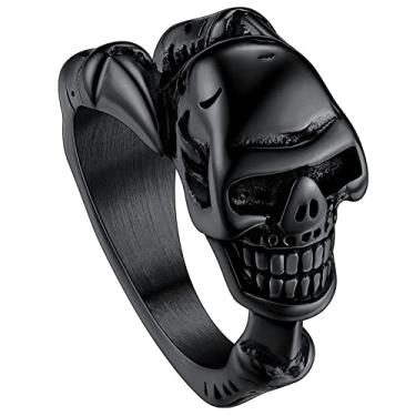 Imagem de ChainsHouse Anéis de caveira gótica, aço inoxidável/banhado a ouro 18K / preto | Cabeça | Anéis Punk esqueleto para homens e mulheres, oferta de serviço personalizado, com caixa de presente, Metal