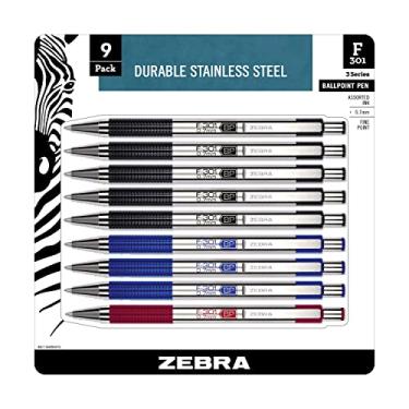 Imagem de Caneta esferográfica Zebra F-301 de aço inoxidável, ponta fina, 0,7 mm, tinta sortida, 9 unidades: preto, azul, vermelho