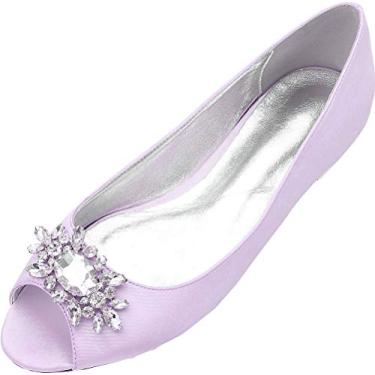 Imagem de Sapato de casamento feminino peep toe strass sem salto para noivas dama de honra, Roxo, 7