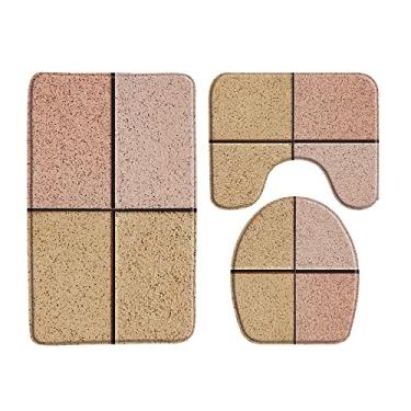 Imagem de Tapete de banho com textura de pedra de pedra, conjunto de 3 peças, tapete de banheiro, absorção de água, flanela antiderrapante, tapete lavável, capa de banheiro, decoração de banho, 33801J, 400MMx600MM