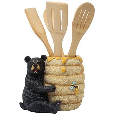 Imagem de Urso preto decorativo em uma colmeia de abelha com suporte de utensílio para bancada, suporte de estatueta de mesa para decoração de cabine ou cabana rústica e decoração de cozinha gourmet como presente de boas-vindas