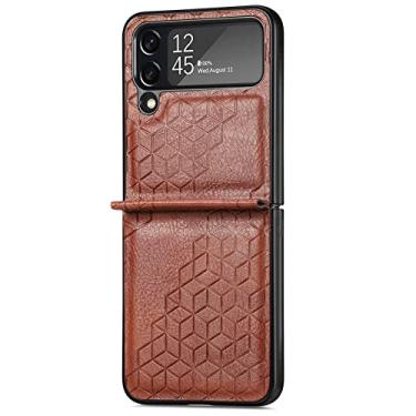 Imagem de YINGDAFENG Capa para Samsung Galaxy Z Flip 4, capa traseira de couro PU capa protetora de PC rígida capa de telefone slim fit suporte de carregamento sem fio capa de telefone dobrável, marrom