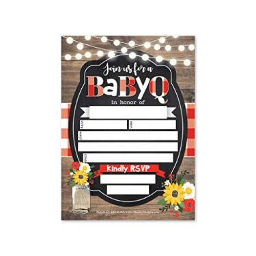 Imagem de 25 convites para chá de bebê Babyq, convite para sprinkle para menino ou menina, tema de revelação neutra de gênero de churrasco rústico, preenchimento fofo ou escrever em cartão para impressão em branco, presente de festa de girassol do país DIY