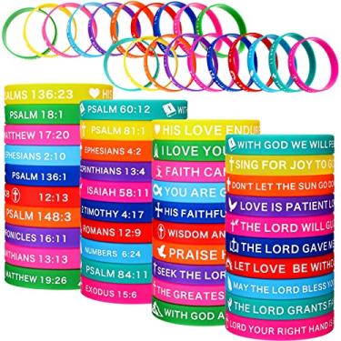 Imagem de Minatee 60 pulseiras religiosas de silicone em massa com versículos bíblicos motivacionais pulseiras de borracha cristã Jesus presentes inspiradores para homens e mulheres, 2.3 inches or 5.84 cm