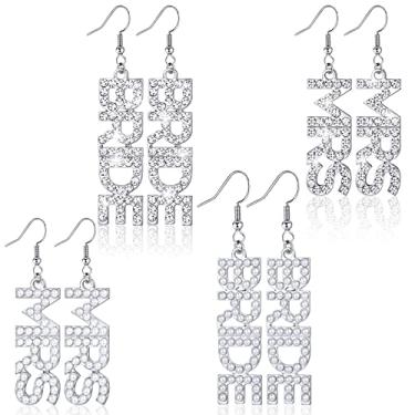 Imagem de Brincos de noiva de strass de casamento 4 pares de brincos de pingente de letra feitos à mão brincos de sra. de gota brincos de contas para damas de honra de despedida de solteira, joias, contas, strass, liga, brincos, contas, strass, liga, Brincos