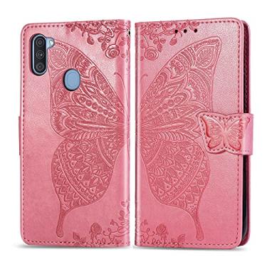 Imagem de CHAJIJIAO Capa flip capa carteira para Samsung Galaxy A11, capa de telefone carteira flip bumper à prova de choque / alça de pulso/coldre floral padrão borboleta carteira capa traseira do telefone (cor: rosa)